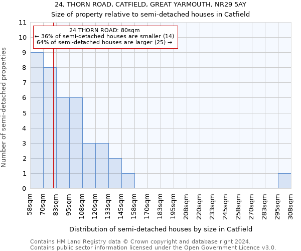 24, THORN ROAD, CATFIELD, GREAT YARMOUTH, NR29 5AY: Size of property relative to detached houses in Catfield