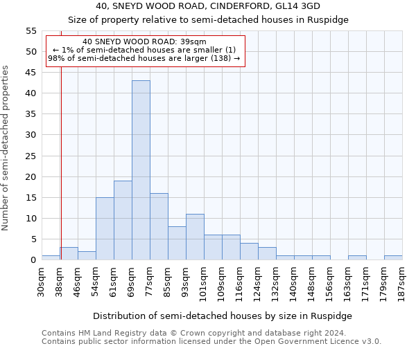 40, SNEYD WOOD ROAD, CINDERFORD, GL14 3GD: Size of property relative to detached houses in Ruspidge