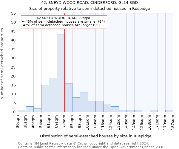 42, SNEYD WOOD ROAD, CINDERFORD, GL14 3GD: Size of property relative to detached houses in Ruspidge