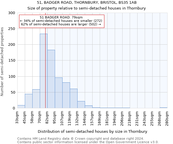 51, BADGER ROAD, THORNBURY, BRISTOL, BS35 1AB: Size of property relative to detached houses in Thornbury