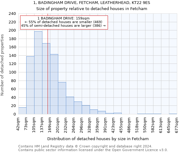 1, BADINGHAM DRIVE, FETCHAM, LEATHERHEAD, KT22 9ES: Size of property relative to detached houses in Fetcham