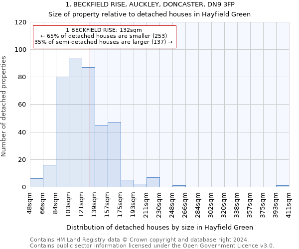 1, BECKFIELD RISE, AUCKLEY, DONCASTER, DN9 3FP: Size of property relative to detached houses in Hayfield Green