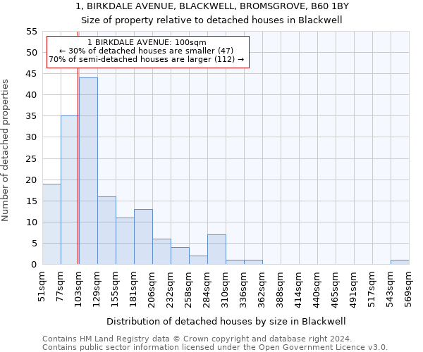 1, BIRKDALE AVENUE, BLACKWELL, BROMSGROVE, B60 1BY: Size of property relative to detached houses in Blackwell