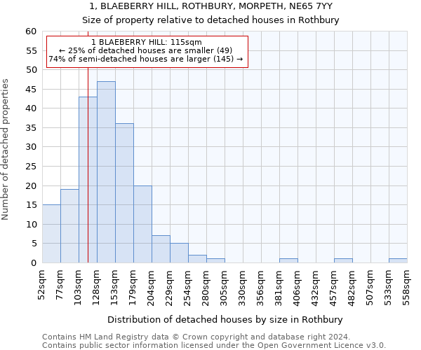 1, BLAEBERRY HILL, ROTHBURY, MORPETH, NE65 7YY: Size of property relative to detached houses in Rothbury