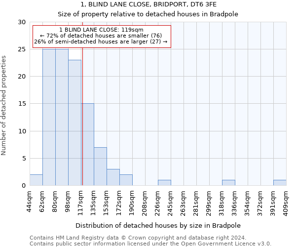 1, BLIND LANE CLOSE, BRIDPORT, DT6 3FE: Size of property relative to detached houses in Bradpole