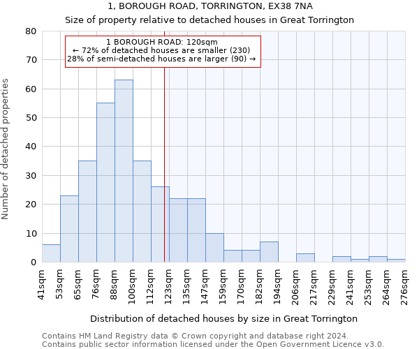 1, BOROUGH ROAD, TORRINGTON, EX38 7NA: Size of property relative to detached houses in Great Torrington