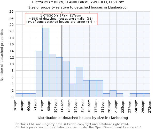 1, CYSGOD Y BRYN, LLANBEDROG, PWLLHELI, LL53 7PY: Size of property relative to detached houses in Llanbedrog