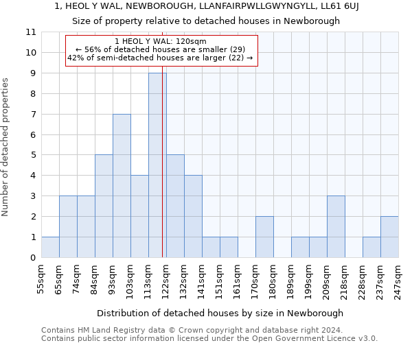 1, HEOL Y WAL, NEWBOROUGH, LLANFAIRPWLLGWYNGYLL, LL61 6UJ: Size of property relative to detached houses in Newborough
