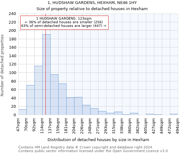 1, HUDSHAW GARDENS, HEXHAM, NE46 1HY: Size of property relative to detached houses in Hexham