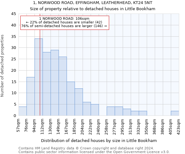 1, NORWOOD ROAD, EFFINGHAM, LEATHERHEAD, KT24 5NT: Size of property relative to detached houses in Little Bookham