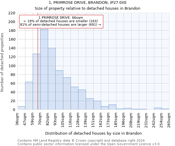 1, PRIMROSE DRIVE, BRANDON, IP27 0XE: Size of property relative to detached houses in Brandon