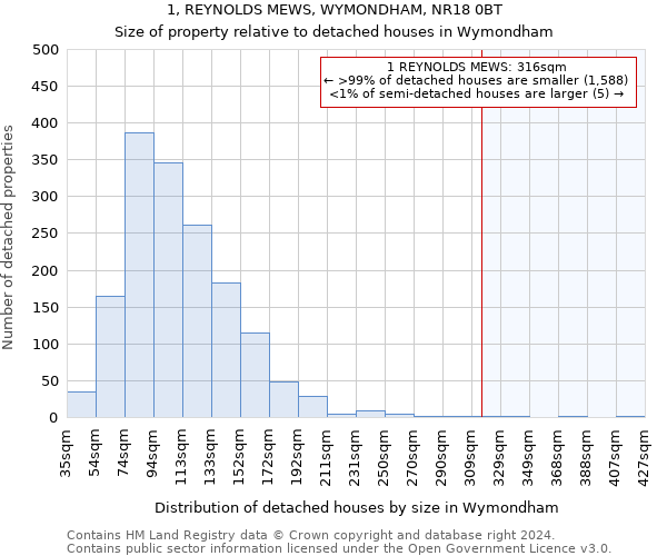 1, REYNOLDS MEWS, WYMONDHAM, NR18 0BT: Size of property relative to detached houses in Wymondham