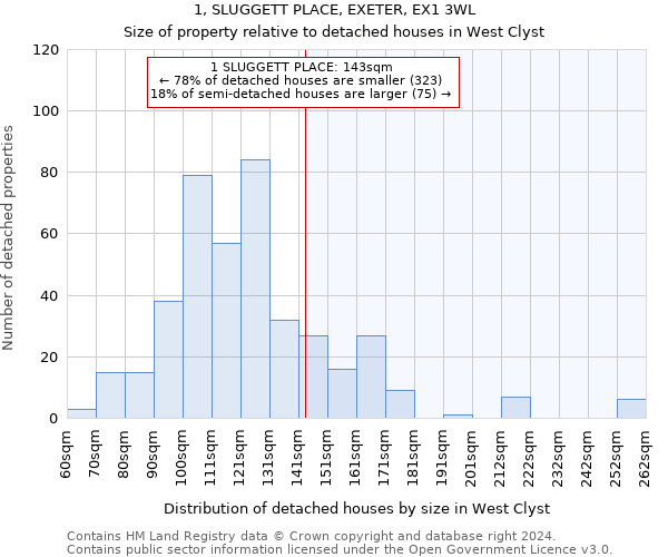 1, SLUGGETT PLACE, EXETER, EX1 3WL: Size of property relative to detached houses in West Clyst