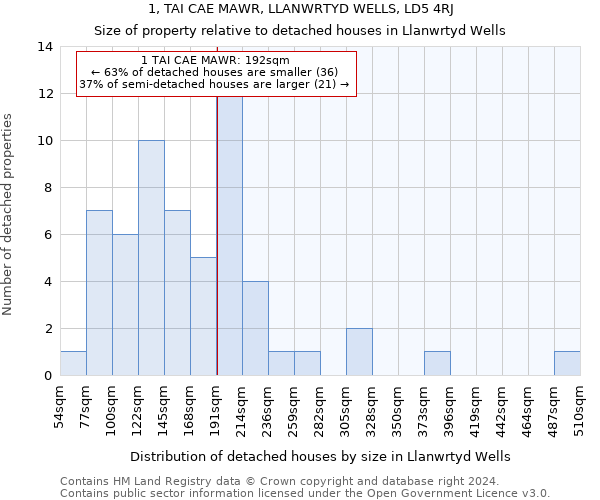 1, TAI CAE MAWR, LLANWRTYD WELLS, LD5 4RJ: Size of property relative to detached houses in Llanwrtyd Wells
