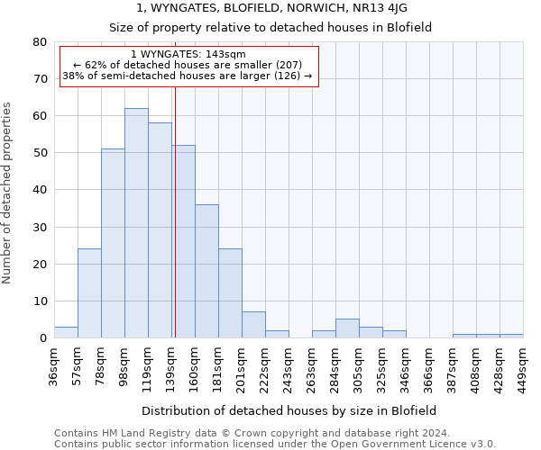 1, WYNGATES, BLOFIELD, NORWICH, NR13 4JG: Size of property relative to detached houses in Blofield