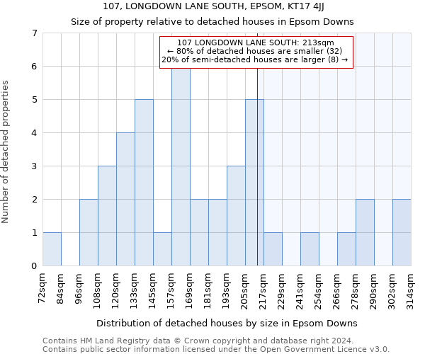 107, LONGDOWN LANE SOUTH, EPSOM, KT17 4JJ: Size of property relative to detached houses in Epsom Downs