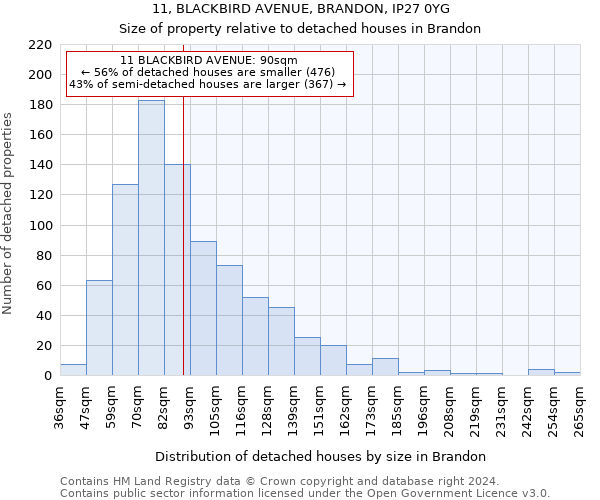 11, BLACKBIRD AVENUE, BRANDON, IP27 0YG: Size of property relative to detached houses in Brandon