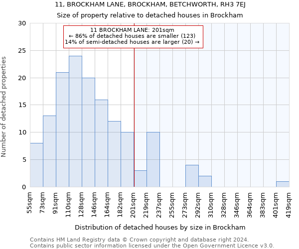 11, BROCKHAM LANE, BROCKHAM, BETCHWORTH, RH3 7EJ: Size of property relative to detached houses in Brockham