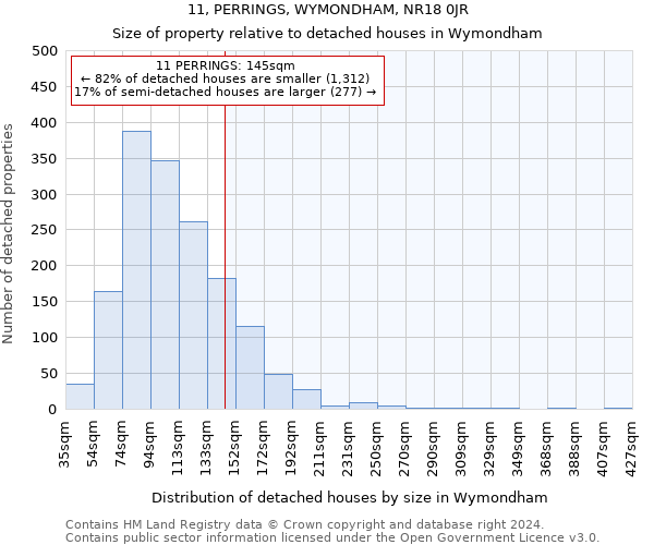 11, PERRINGS, WYMONDHAM, NR18 0JR: Size of property relative to detached houses in Wymondham