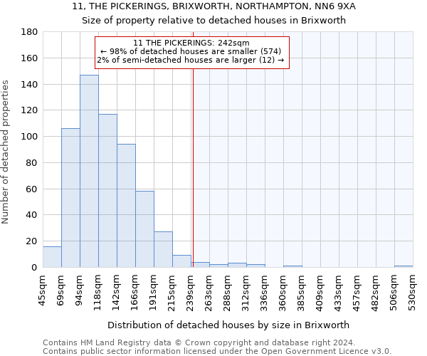 11, THE PICKERINGS, BRIXWORTH, NORTHAMPTON, NN6 9XA: Size of property relative to detached houses in Brixworth