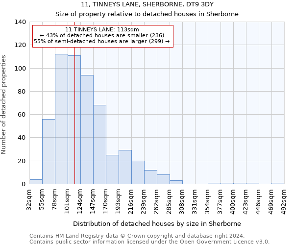 11, TINNEYS LANE, SHERBORNE, DT9 3DY: Size of property relative to detached houses in Sherborne