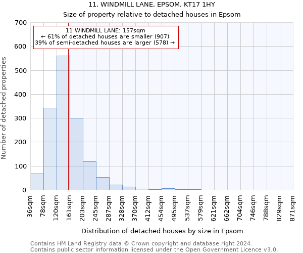 11, WINDMILL LANE, EPSOM, KT17 1HY: Size of property relative to detached houses in Epsom