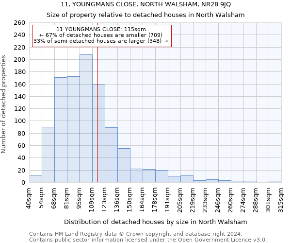 11, YOUNGMANS CLOSE, NORTH WALSHAM, NR28 9JQ: Size of property relative to detached houses in North Walsham