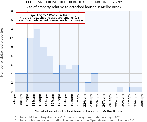 111, BRANCH ROAD, MELLOR BROOK, BLACKBURN, BB2 7NY: Size of property relative to detached houses in Mellor Brook