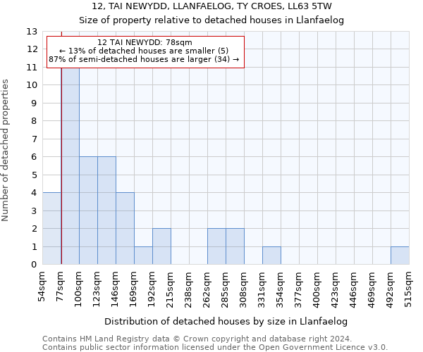 12, TAI NEWYDD, LLANFAELOG, TY CROES, LL63 5TW: Size of property relative to detached houses in Llanfaelog