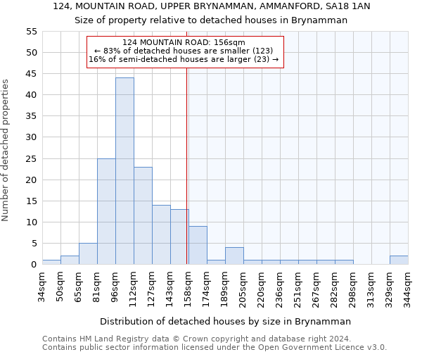 124, MOUNTAIN ROAD, UPPER BRYNAMMAN, AMMANFORD, SA18 1AN: Size of property relative to detached houses in Brynamman