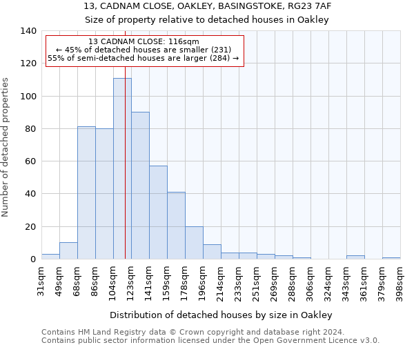 13, CADNAM CLOSE, OAKLEY, BASINGSTOKE, RG23 7AF: Size of property relative to detached houses in Oakley
