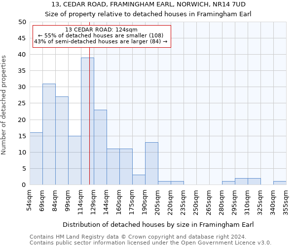 13, CEDAR ROAD, FRAMINGHAM EARL, NORWICH, NR14 7UD: Size of property relative to detached houses in Framingham Earl
