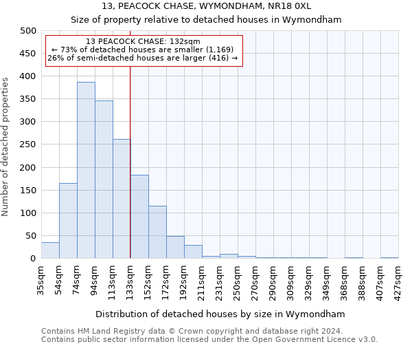 13, PEACOCK CHASE, WYMONDHAM, NR18 0XL: Size of property relative to detached houses in Wymondham