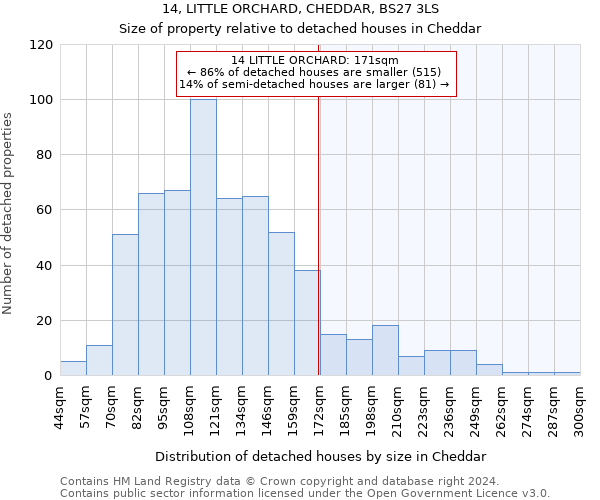 14, LITTLE ORCHARD, CHEDDAR, BS27 3LS: Size of property relative to detached houses in Cheddar