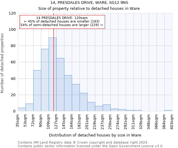 14, PRESDALES DRIVE, WARE, SG12 9NS: Size of property relative to detached houses in Ware
