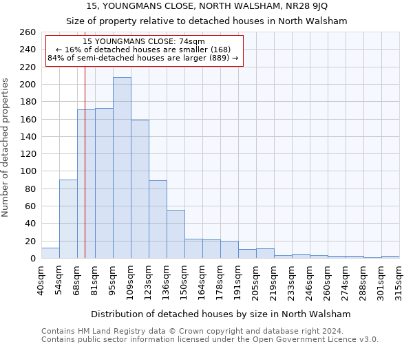 15, YOUNGMANS CLOSE, NORTH WALSHAM, NR28 9JQ: Size of property relative to detached houses in North Walsham