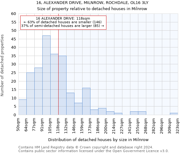 16, ALEXANDER DRIVE, MILNROW, ROCHDALE, OL16 3LY: Size of property relative to detached houses in Milnrow