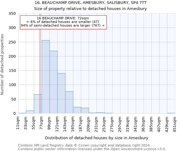 16, BEAUCHAMP DRIVE, AMESBURY, SALISBURY, SP4 7TT: Size of property relative to detached houses in Amesbury