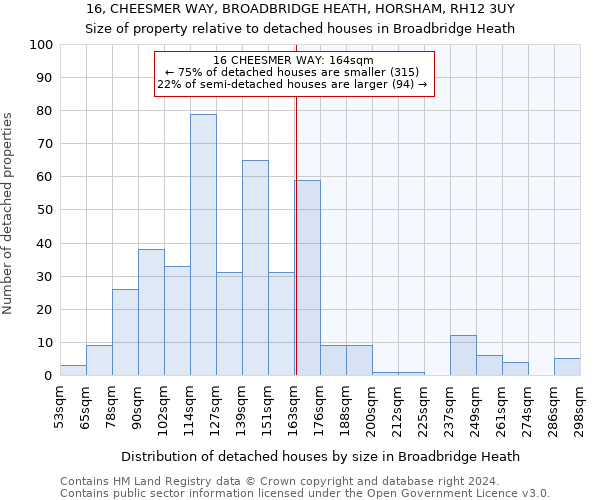 16, CHEESMER WAY, BROADBRIDGE HEATH, HORSHAM, RH12 3UY: Size of property relative to detached houses in Broadbridge Heath