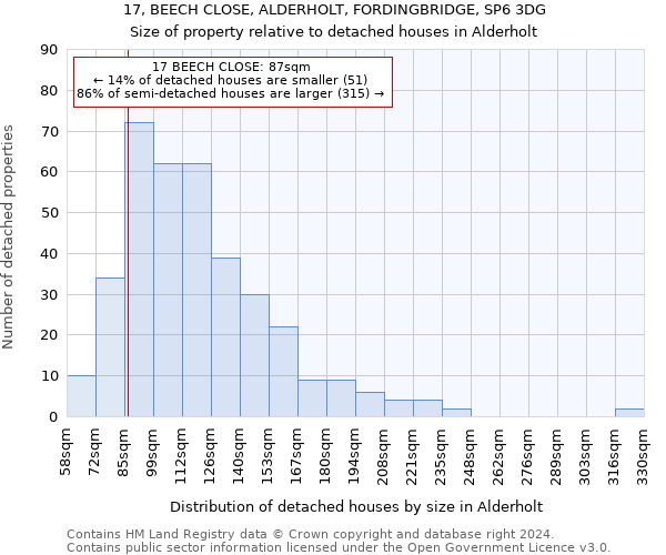 17, BEECH CLOSE, ALDERHOLT, FORDINGBRIDGE, SP6 3DG: Size of property relative to detached houses in Alderholt