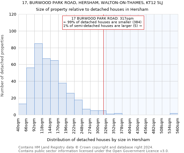 17, BURWOOD PARK ROAD, HERSHAM, WALTON-ON-THAMES, KT12 5LJ: Size of property relative to detached houses in Hersham