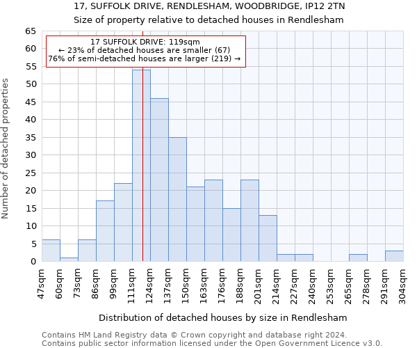 17, SUFFOLK DRIVE, RENDLESHAM, WOODBRIDGE, IP12 2TN: Size of property relative to detached houses in Rendlesham