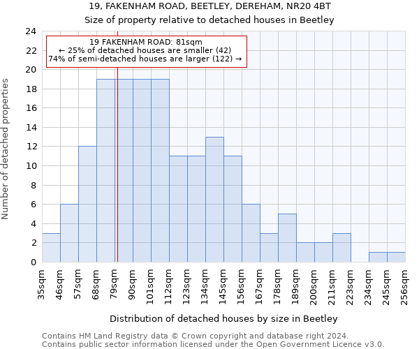 19, FAKENHAM ROAD, BEETLEY, DEREHAM, NR20 4BT: Size of property relative to detached houses in Beetley