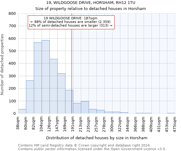 19, WILDGOOSE DRIVE, HORSHAM, RH12 1TU: Size of property relative to detached houses in Horsham