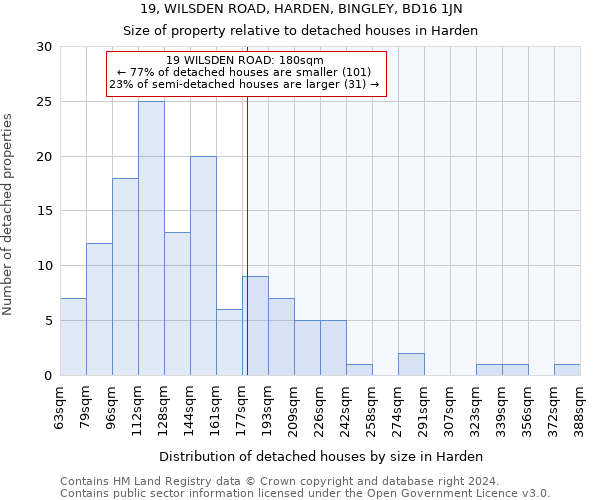 19, WILSDEN ROAD, HARDEN, BINGLEY, BD16 1JN: Size of property relative to detached houses in Harden