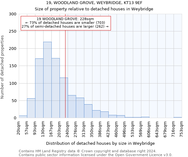 19, WOODLAND GROVE, WEYBRIDGE, KT13 9EF: Size of property relative to detached houses in Weybridge