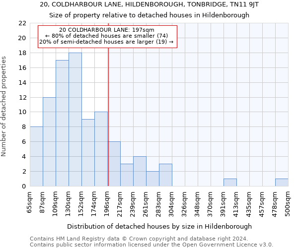 20, COLDHARBOUR LANE, HILDENBOROUGH, TONBRIDGE, TN11 9JT: Size of property relative to detached houses in Hildenborough
