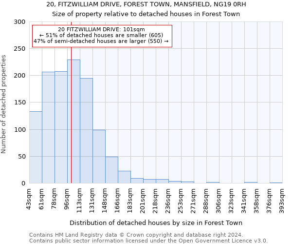 20, FITZWILLIAM DRIVE, FOREST TOWN, MANSFIELD, NG19 0RH: Size of property relative to detached houses in Forest Town