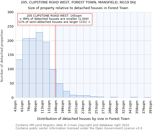 205, CLIPSTONE ROAD WEST, FOREST TOWN, MANSFIELD, NG19 0HJ: Size of property relative to detached houses in Forest Town
