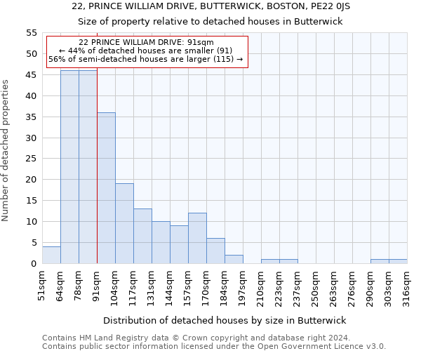 22, PRINCE WILLIAM DRIVE, BUTTERWICK, BOSTON, PE22 0JS: Size of property relative to detached houses in Butterwick